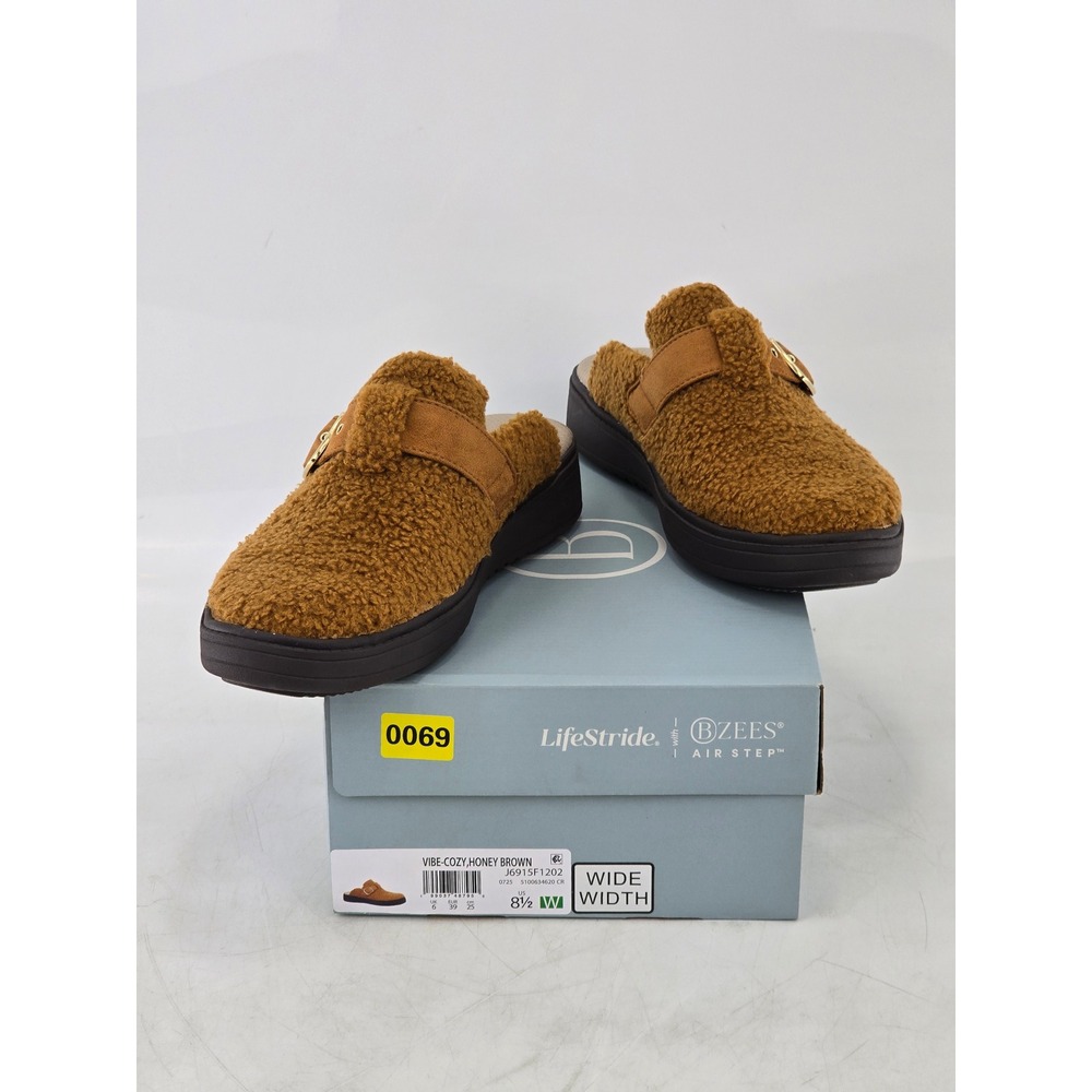 BZees LifeStride Vibe-Cozy Women 8.5W Honey Brown Faux Fur Mules - New